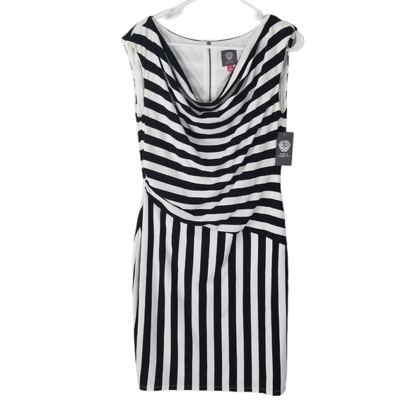 NWT Vince Camuto Black/White Stripe Shift Dress Size 10 Asymmetrical Sleeveless - Picture 1 of 15